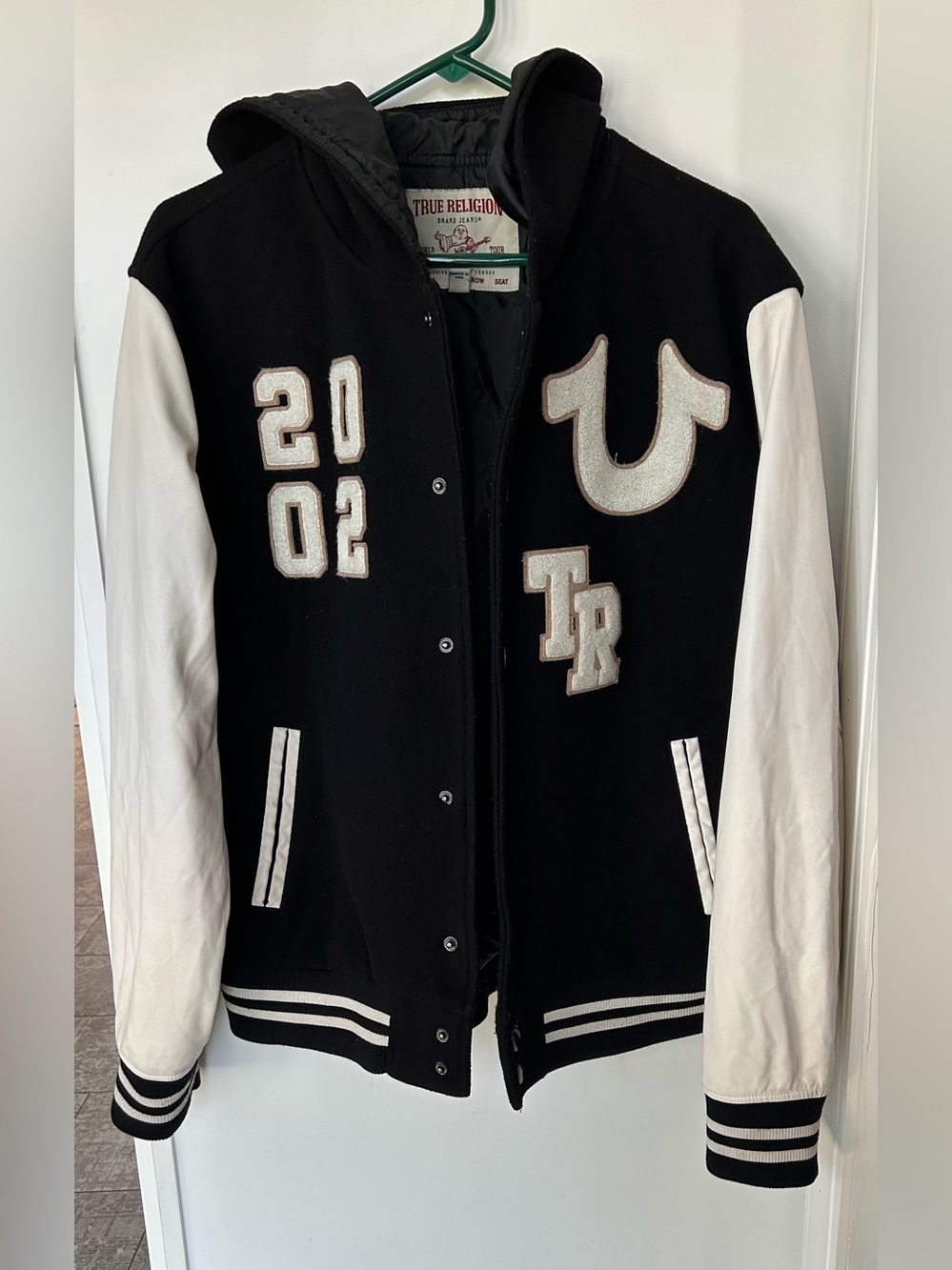 True Religion Men's Hooded Varsity Jacket Black White Size M 2002 Patches